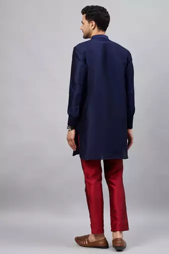 Navy Blue And Maroon Cotton Blend Kurta Pyjama Set
