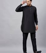 Black And Black Cotton Blend Kurta Pyjama Set