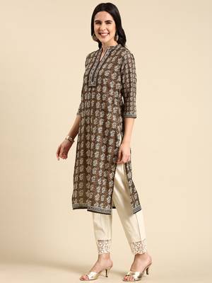 women's mandarin collar ethnic motifs batik olive straight kurta and trouser with dupatta 4