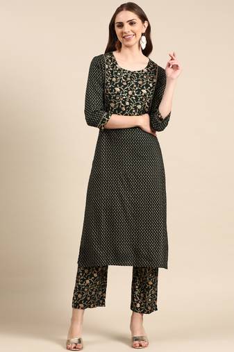 women's round neck ethnic motifs foil print green straight kurta and trouser
