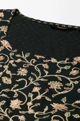 women's round neck ethnic motifs foil print green straight kurta and trouser