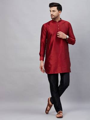 Maroon And Black Cotton Blend Kurta Pyjama Set 1