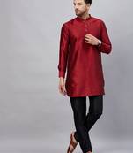 Maroon And Black Cotton Blend Kurta Pyjama Set