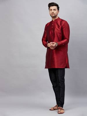 Maroon And Black Cotton Blend Kurta Pyjama Set 2