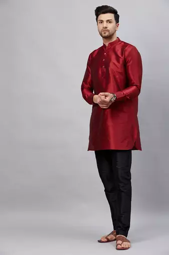 Maroon And Black Cotton Blend Kurta Pyjama Set