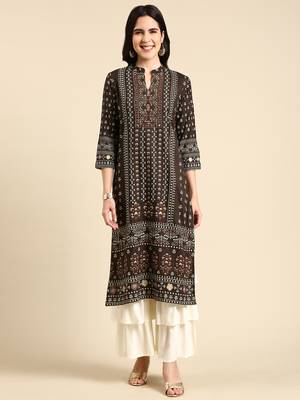 women's mandarin collar ethnic motifs screen print olive straight kurta and sharara 1