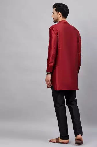 Maroon And Black Cotton Blend Kurta Pyjama Set