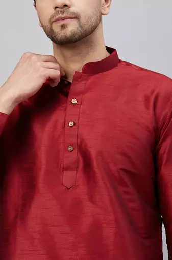 Maroon And Black Cotton Blend Kurta Pyjama Set