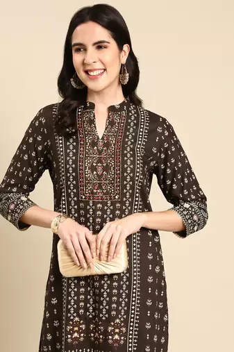 women's mandarin collar ethnic motifs screen print olive straight kurta and sharara