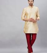 Men'S Gold And Maroon Cotton Blend Kurta Pyjama Set