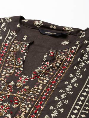 women's mandarin collar ethnic motifs screen print olive straight kurta and sharara 3