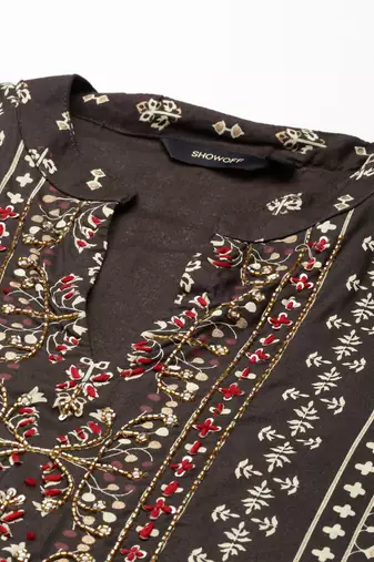 women's mandarin collar ethnic motifs screen print olive straight kurta and sharara
