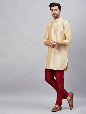 Gold And Maroon Cotton Blend Kurta Pyjama Set 2
