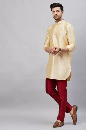 Gold And Maroon Cotton Blend Kurta Pyjama Set