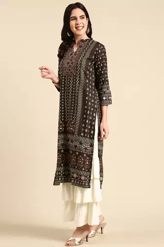 women's mandarin collar ethnic motifs screen print olive straight kurta and sharara