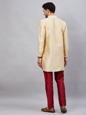 Gold And Maroon Cotton Blend Kurta Pyjama Set 3