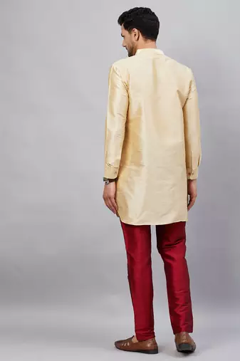Gold And Maroon Cotton Blend Kurta Pyjama Set
