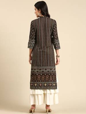 women's mandarin collar ethnic motifs screen print olive straight kurta and sharara 5