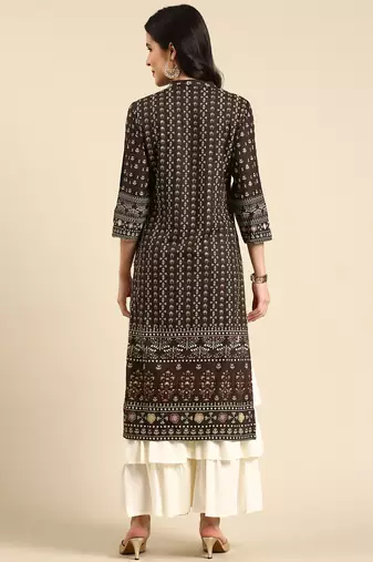 women's mandarin collar ethnic motifs screen print olive straight kurta and sharara