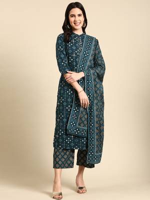women's mandarin collar geometric screen print teal straight kurta and trouser with dupatta 1