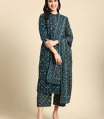women's mandarin collar geometric screen print teal straight kurta and trouser with dupatta