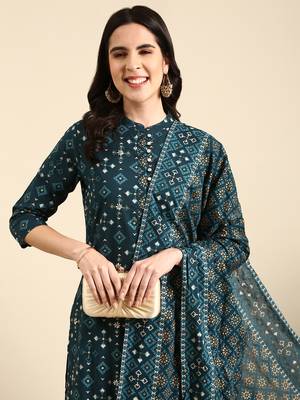 women's mandarin collar geometric screen print teal straight kurta and trouser with dupatta 2