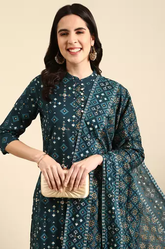 women's mandarin collar geometric screen print teal straight kurta and trouser with dupatta