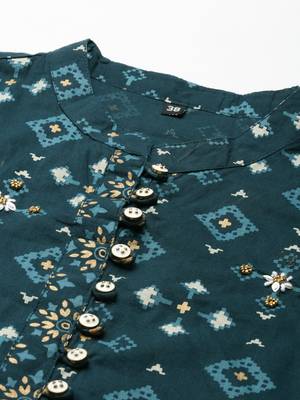 women's mandarin collar geometric screen print teal straight kurta and trouser with dupatta 3