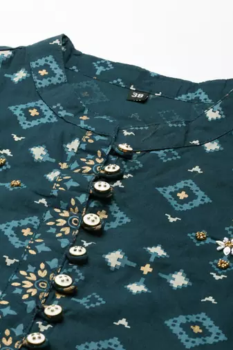 women's mandarin collar geometric screen print teal straight kurta and trouser with dupatta