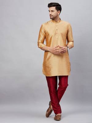 Rose Gold And Maroon Cotton Blend Kurta Pyjama Set 1