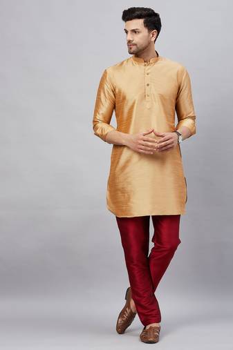 Men'S Rose Gold And Maroon Cotton Blend Kurta Pyjama Set