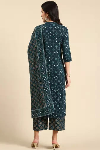 women's mandarin collar geometric screen print teal straight kurta and trouser with dupatta