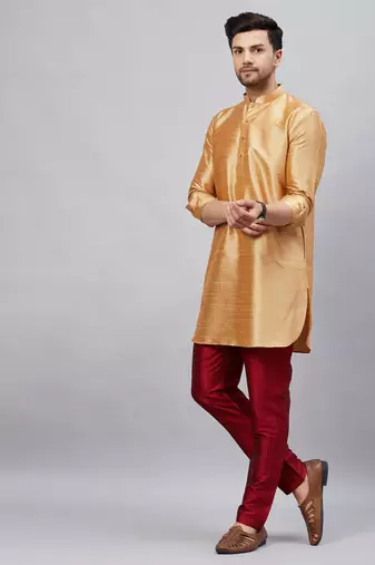 Rose Gold And Maroon Cotton Blend Kurta Pyjama Set