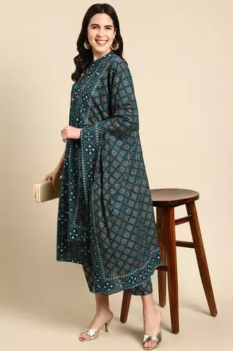 women's mandarin collar geometric screen print teal straight kurta and trouser with dupatta
