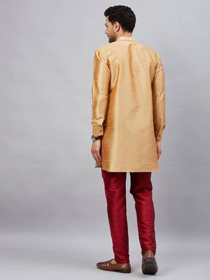 Rose Gold And Maroon Cotton Blend Kurta Pyjama Set 3