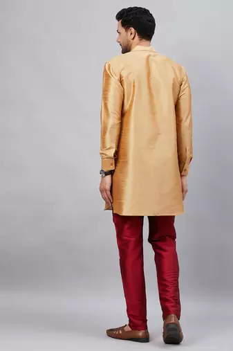 Rose Gold And Maroon Cotton Blend Kurta Pyjama Set