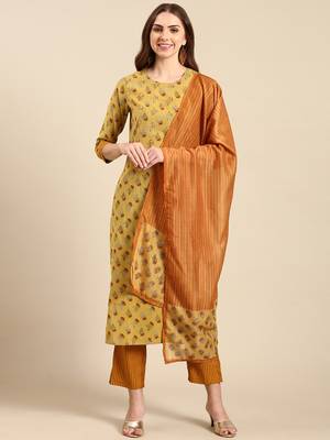 women's round neck solid screen print mustard straight kurta and trouser with dupatta 1