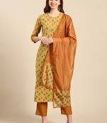 women's round neck solid screen print mustard straight kurta and trouser with dupatta