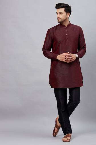 Men'S Wine And Black Cotton Blend Kurta Pyjama Set