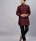Men'S Wine And Black Cotton Blend Kurta Pyjama Set