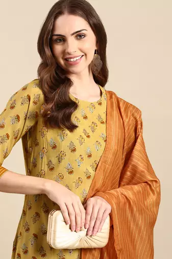 women's round neck solid screen print mustard straight kurta and trouser with dupatta