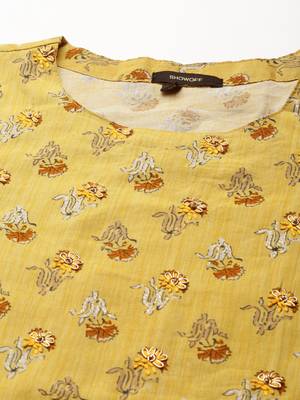 women's round neck solid screen print mustard straight kurta and trouser with dupatta 3