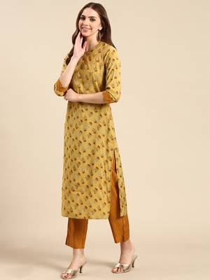 women's round neck solid screen print mustard straight kurta and trouser with dupatta 4