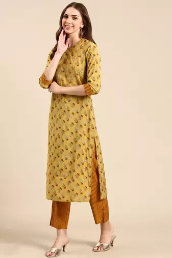 women's round neck solid screen print mustard straight kurta and trouser with dupatta