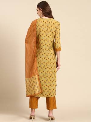 women's round neck solid screen print mustard straight kurta and trouser with dupatta 5