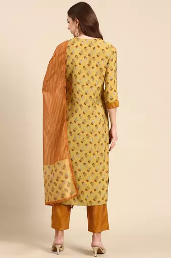 women's round neck solid screen print mustard straight kurta and trouser with dupatta