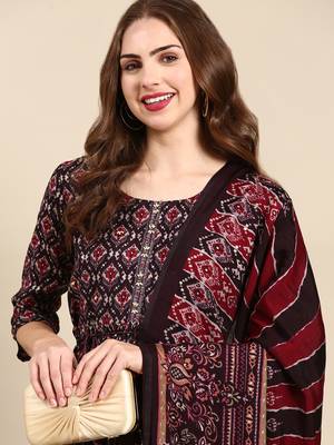 women's round neck ethnic motifs foil print purple anarkali kurta and trouser with dupatta 1