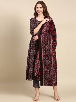 women's round neck ethnic motifs foil print purple anarkali kurta and trouser with dupatta 2