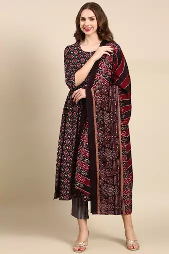 women's round neck ethnic motifs foil print purple anarkali kurta and trouser with dupatta