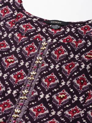women's round neck ethnic motifs foil print purple anarkali kurta and trouser with dupatta 3